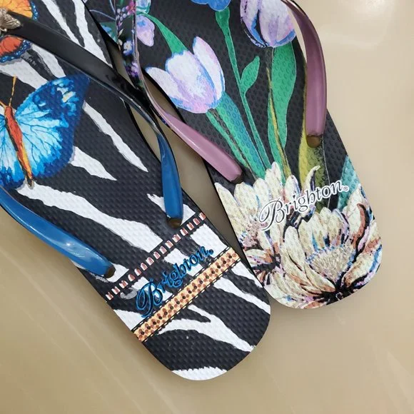 Brighton Black Floral Noir Jardin Mismatched  Flip Flops - Size 10 - Picture 10 of 12